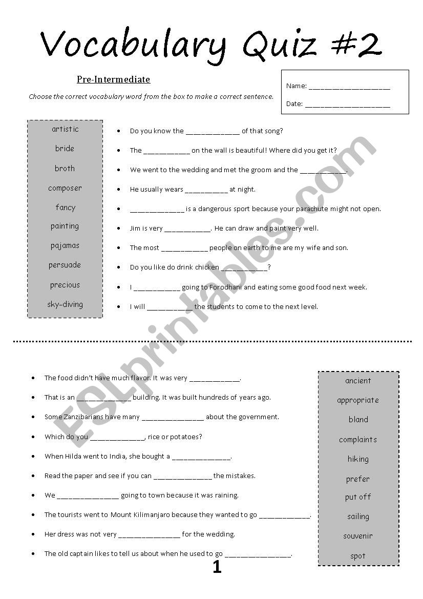 Vocabulary Quiz #2 (Pre-Intermediate)