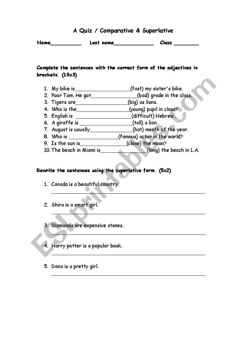 A Quiz- Comparative & Superlative + answer key