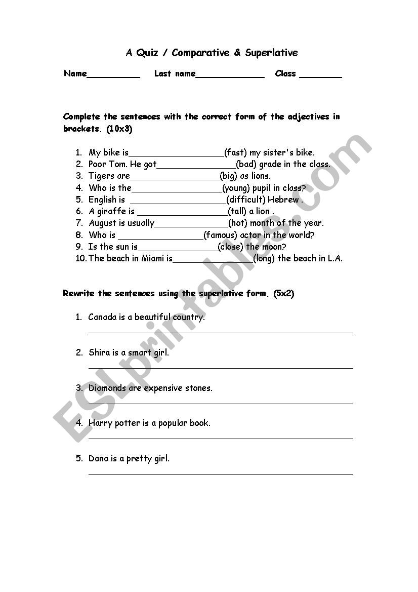Free Esl Worksheets And Answer Keys For Comparatives Adjectives 