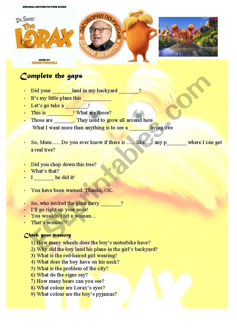 Lorax trailer worksheet