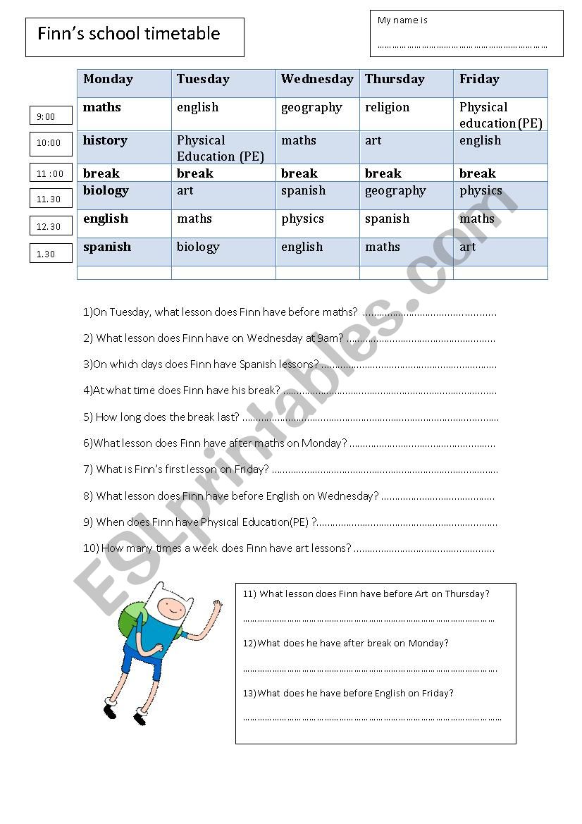 finns timetable worksheet