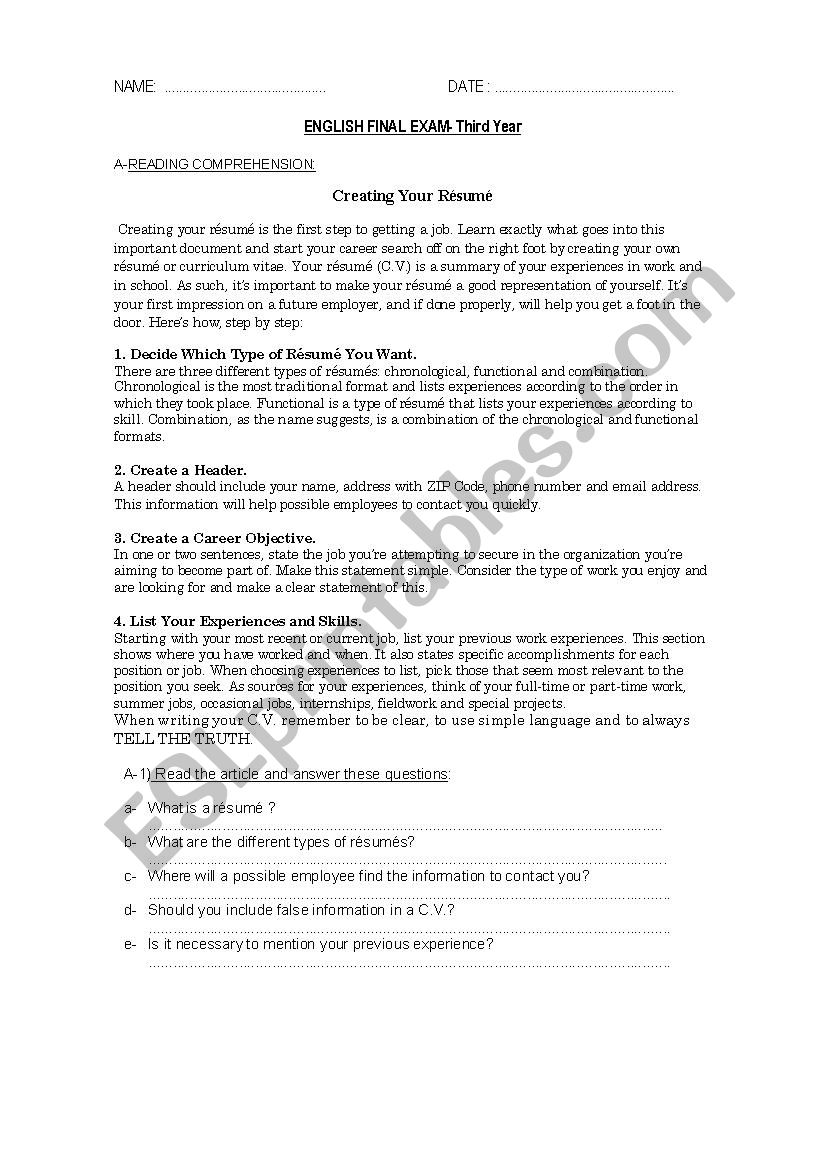 work- creating a resume worksheet