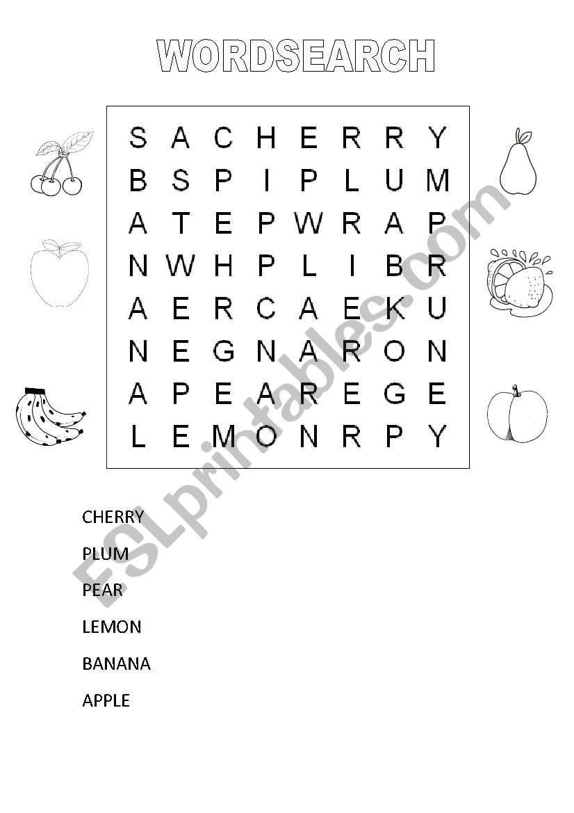 Fruits Wordsearch worksheet