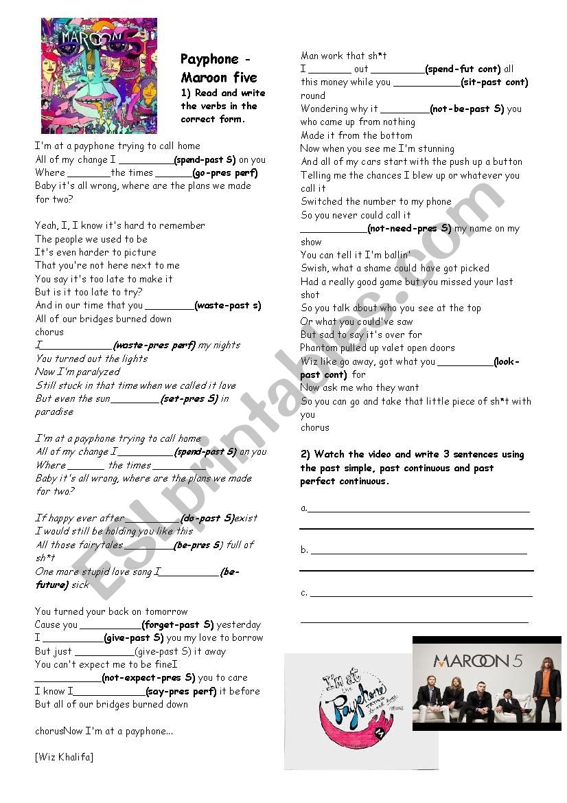 payphone by Maroon 5 worksheet