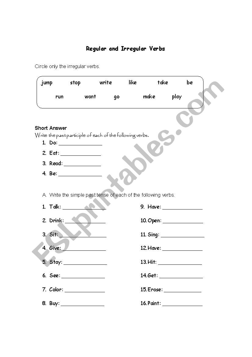 Regular and Irregular Verbs worksheet