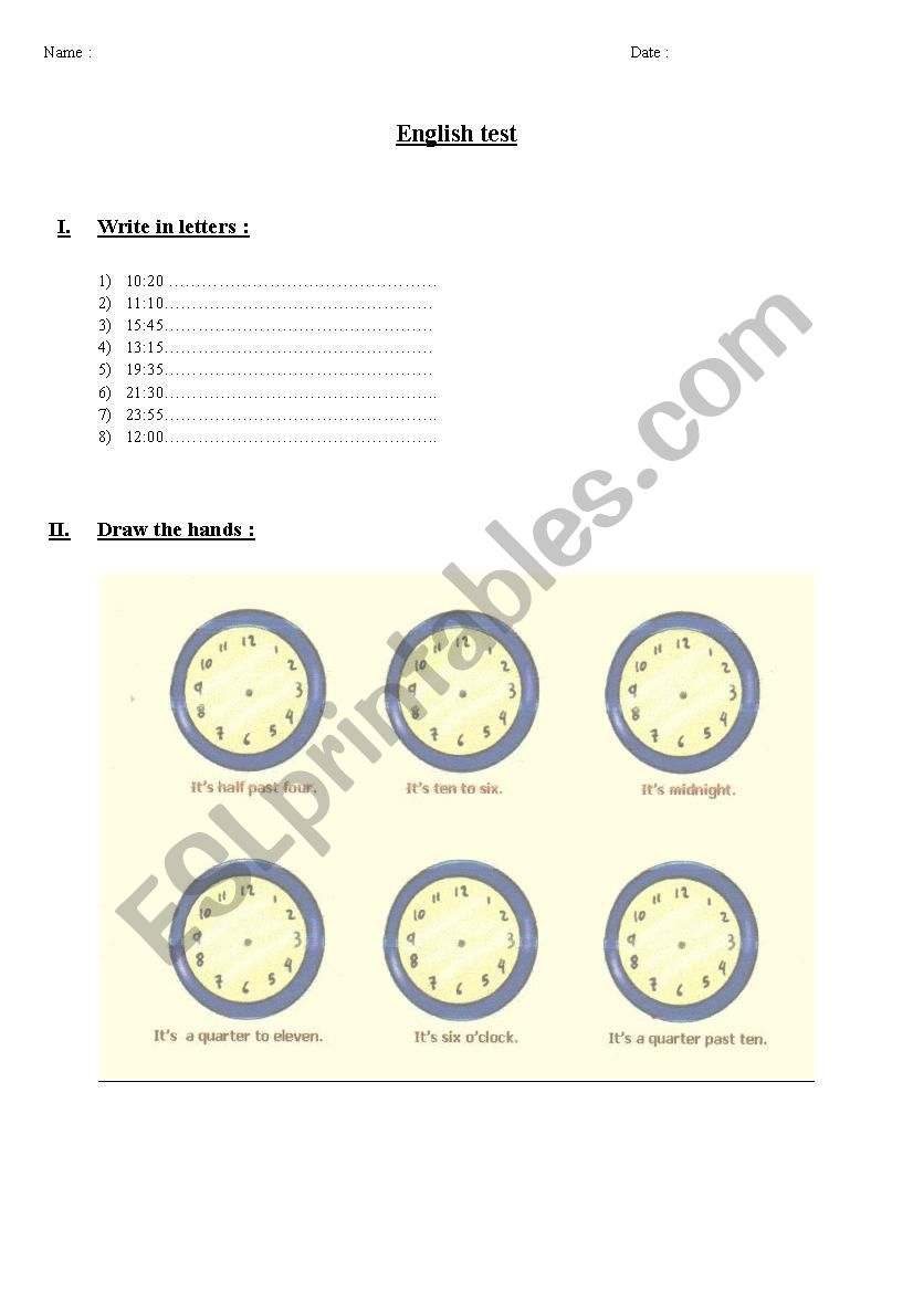 Time test worksheet