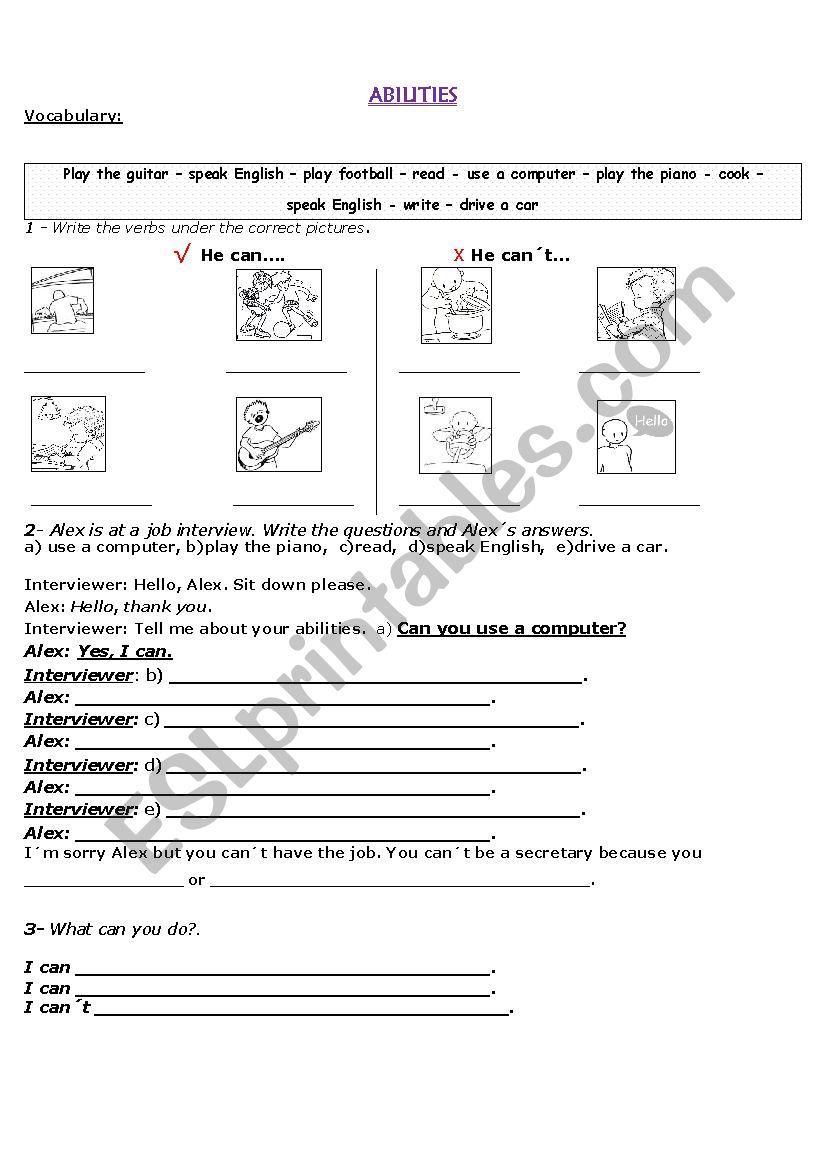 Abilities - Can - cant worksheet