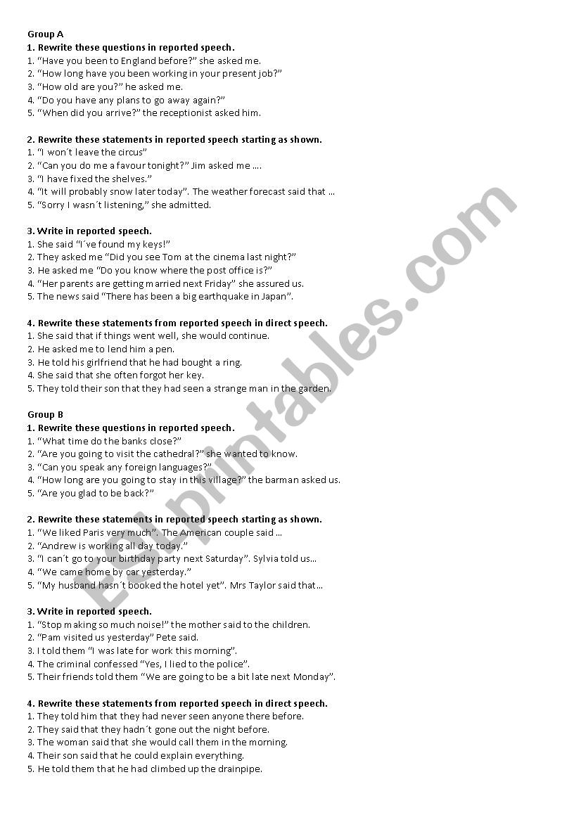 Reported speech test worksheet