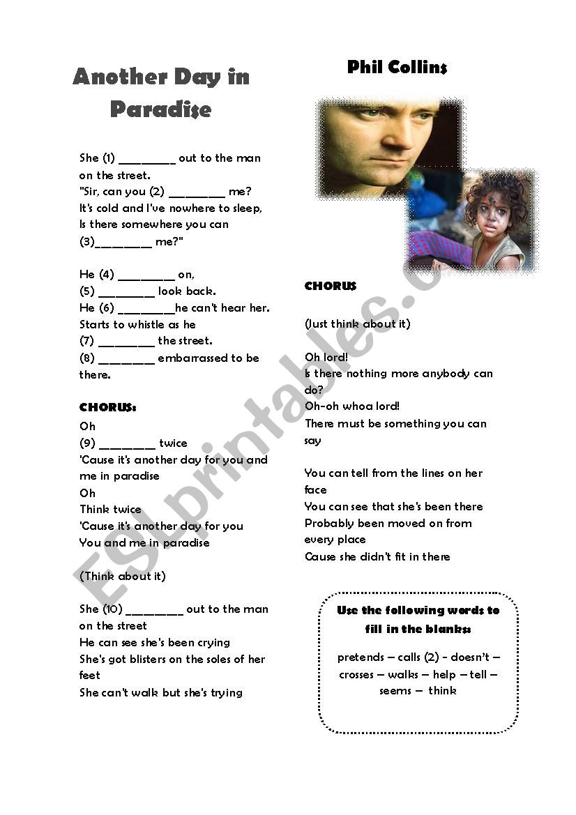 Song: Another Day in Paradise - ESL worksheet by mundico