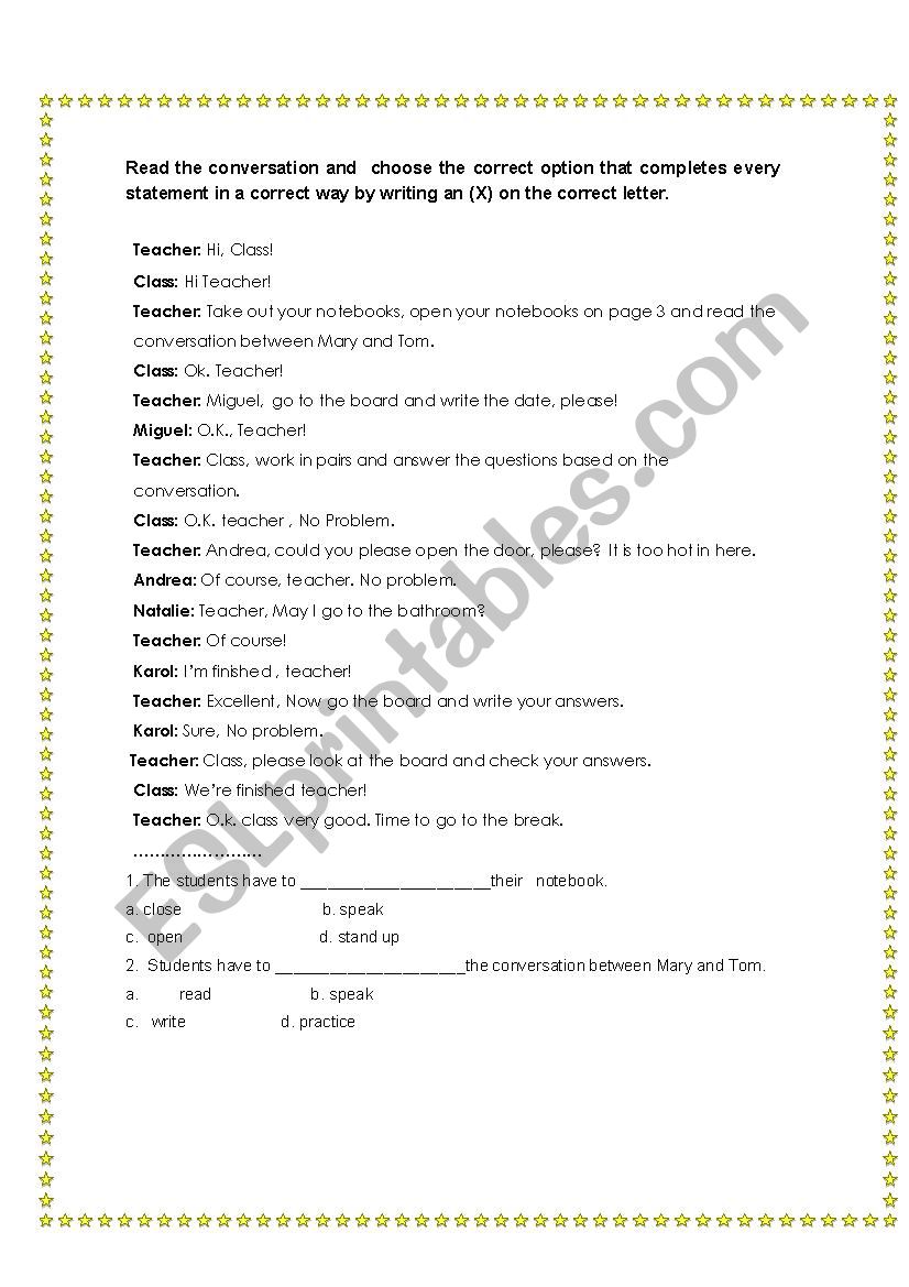 Classroom actions  worksheet