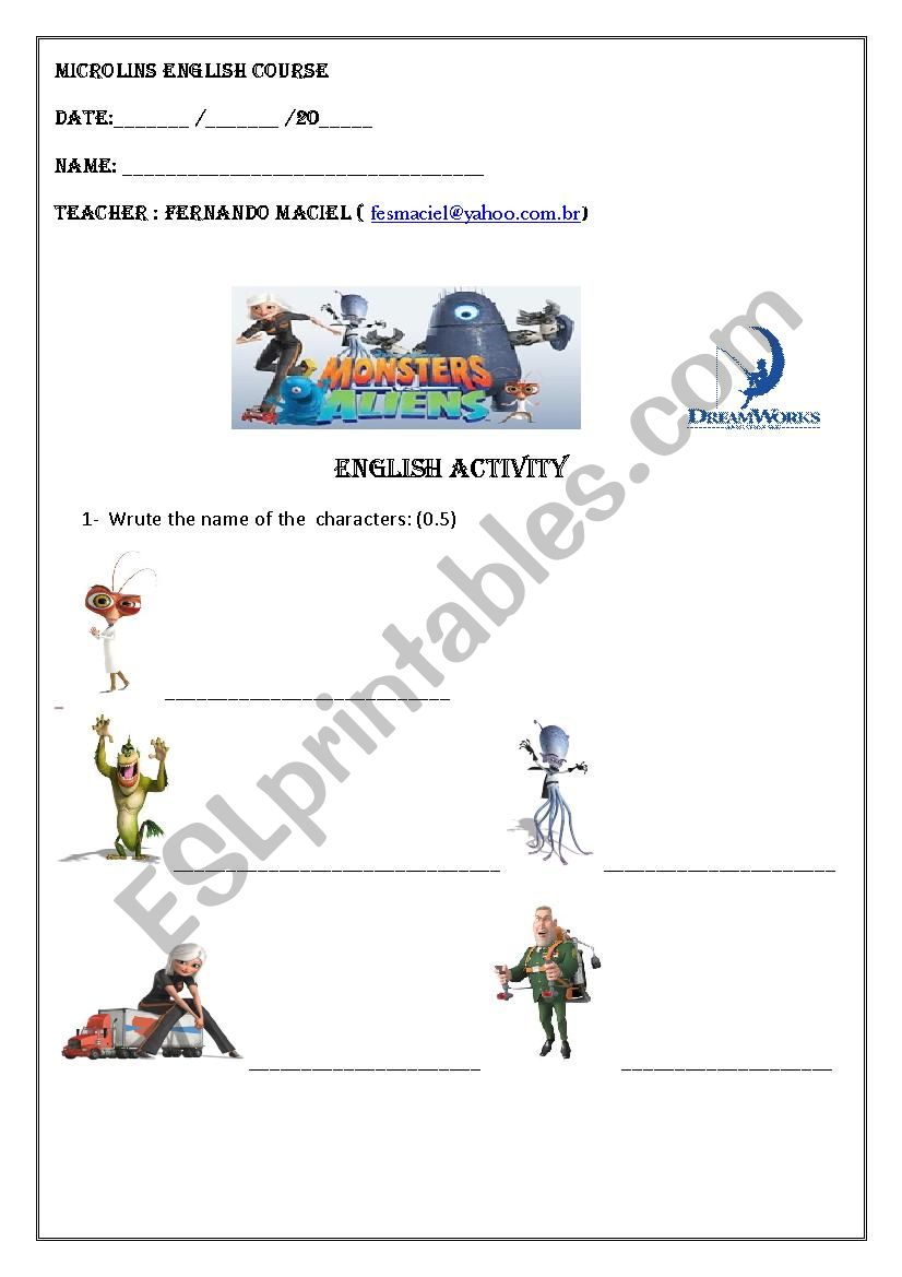 Monster vs Aliens worksheet