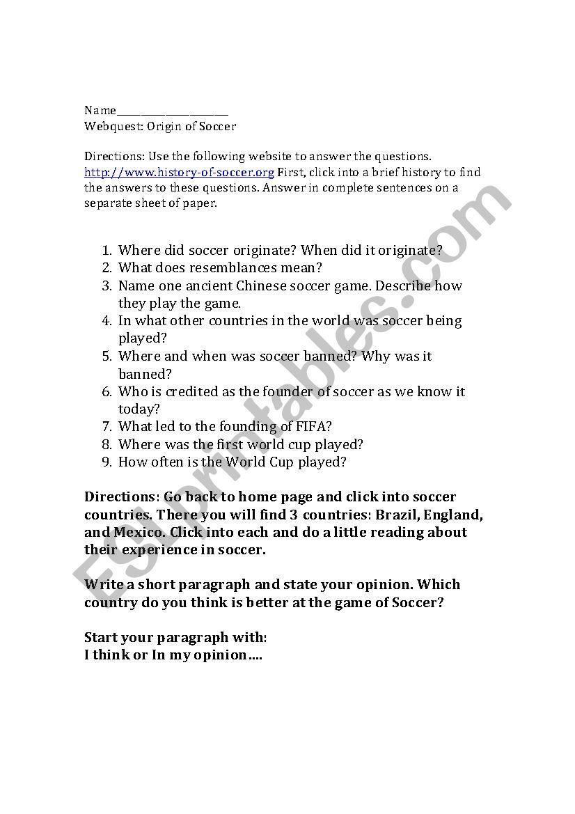 Origin of Soccer Webquest worksheet