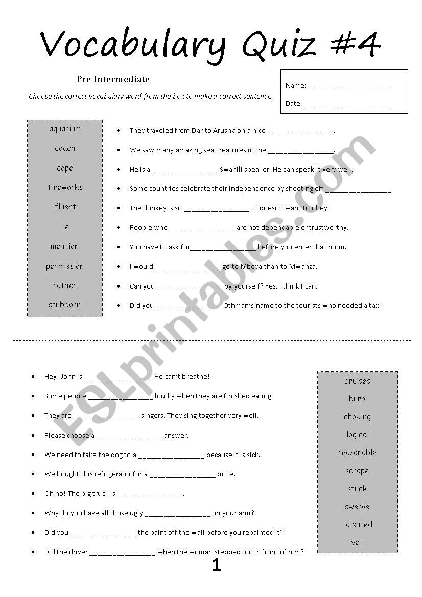 Vocabulary Quiz #4 (Pre-Intermediate)