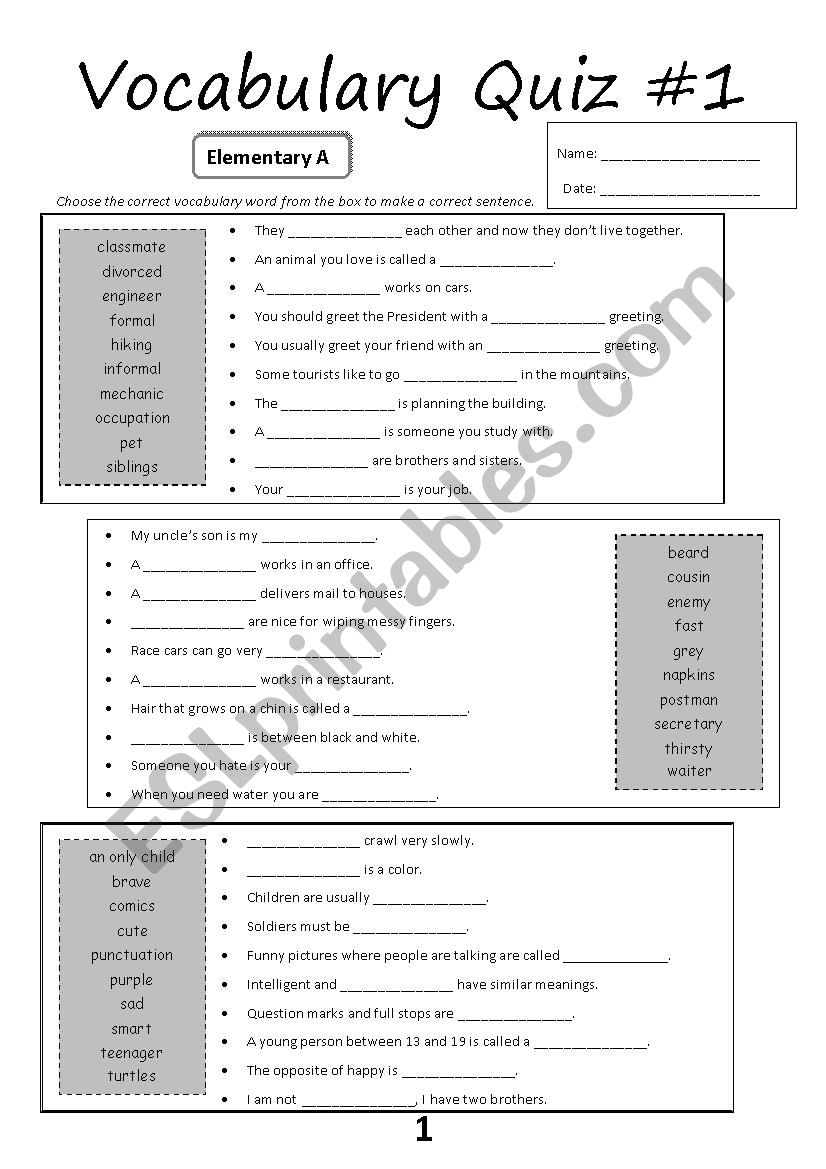 Vocabulary Quiz #1 (Elementary A)