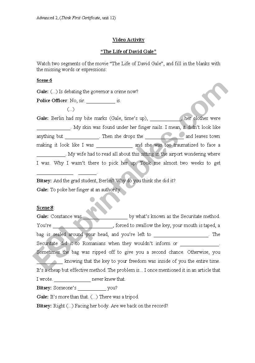 The life of David Gale worksheet