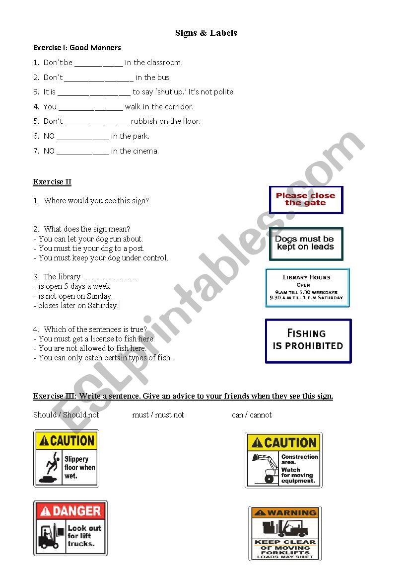 sings and labels worksheet