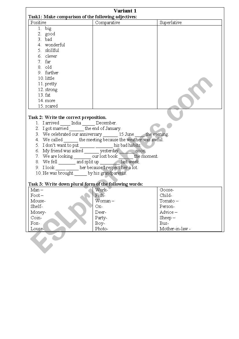 grammar test  revision  worksheet