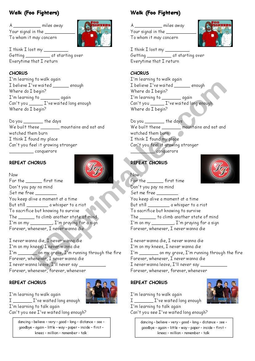 Foo Fighters Walk worksheet