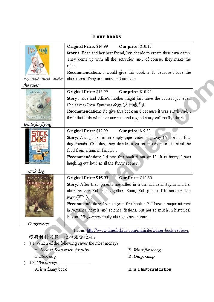 Introduce four books worksheet