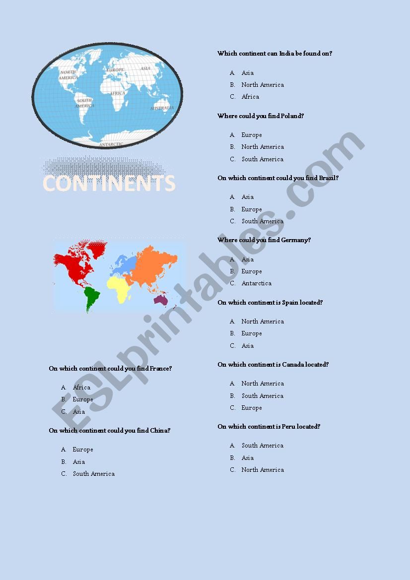Continents - quiz worksheet
