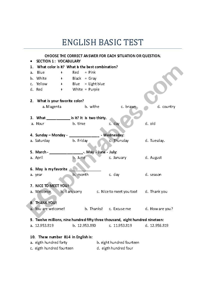 ENGLISH BASIC TEST worksheet