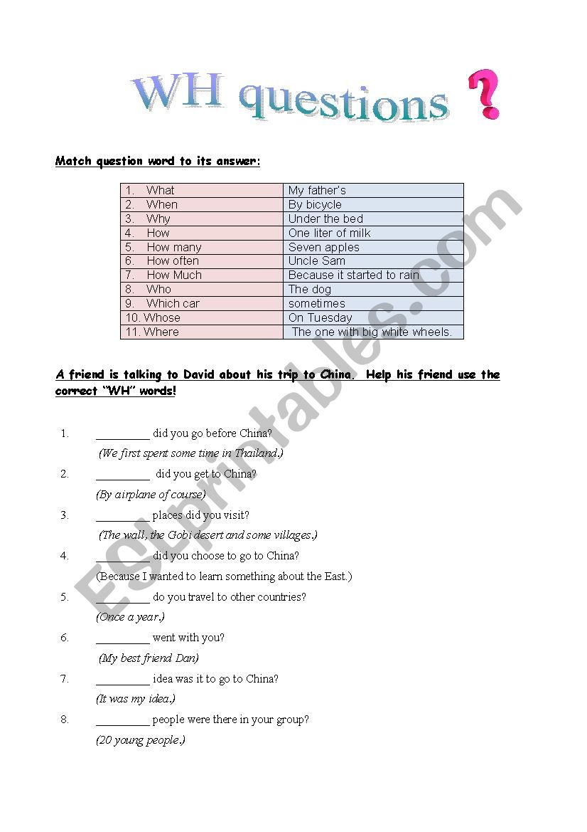 WH questions worksheet