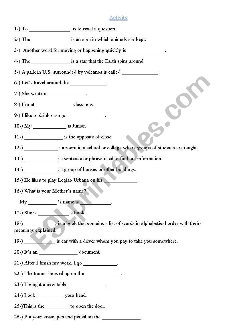 Questionary worksheet