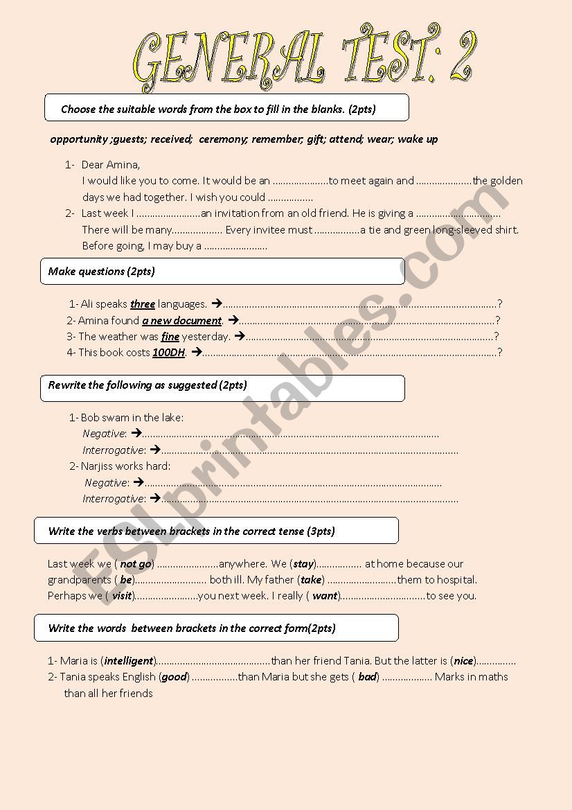 GENERAL TEST 2 worksheet