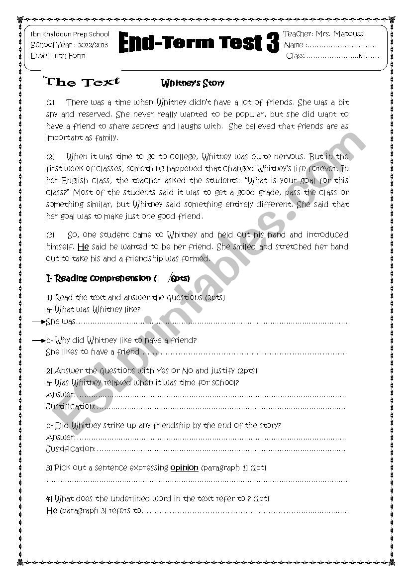 END TERM TEST 3 8TH FORM worksheet