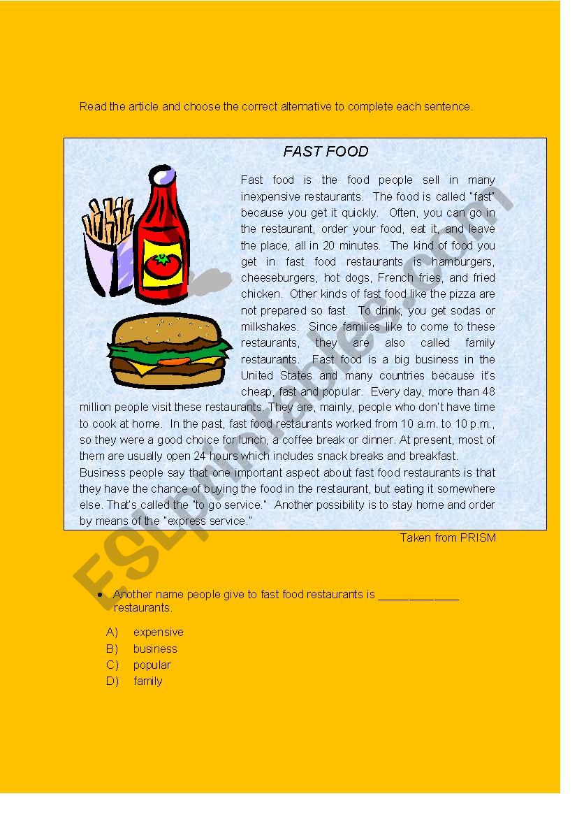 Fastfood worksheet