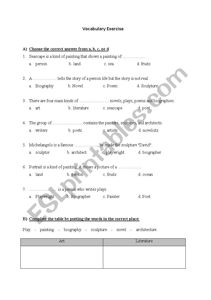 Vocabulary exercise worksheet