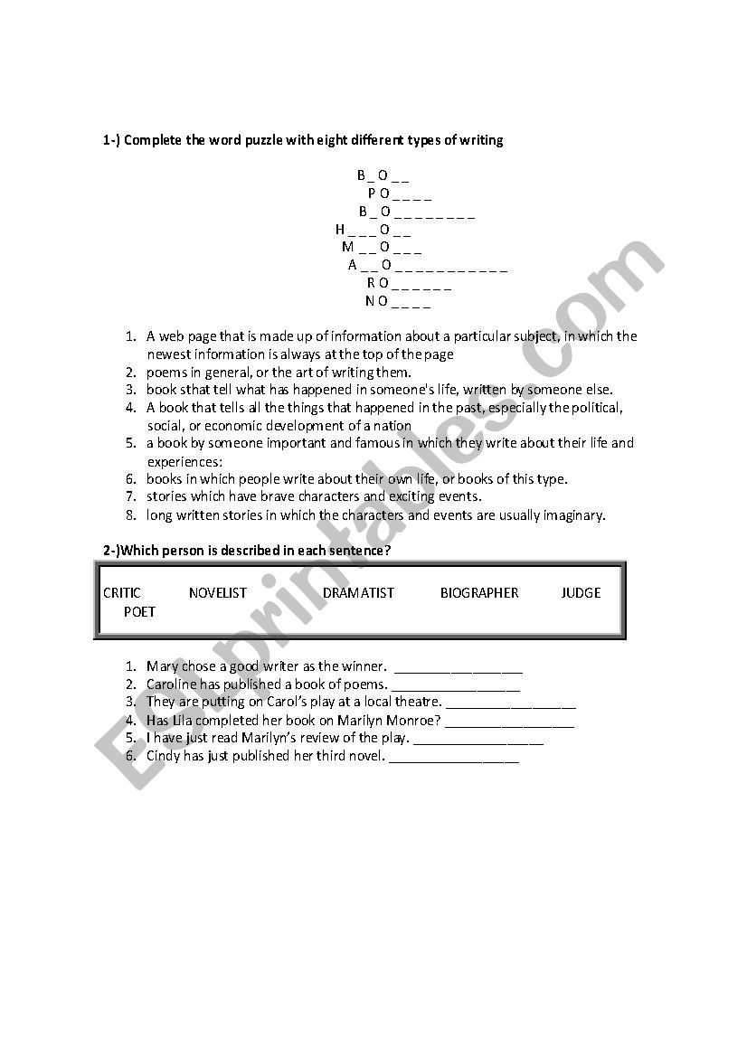 Types of Writing worksheet