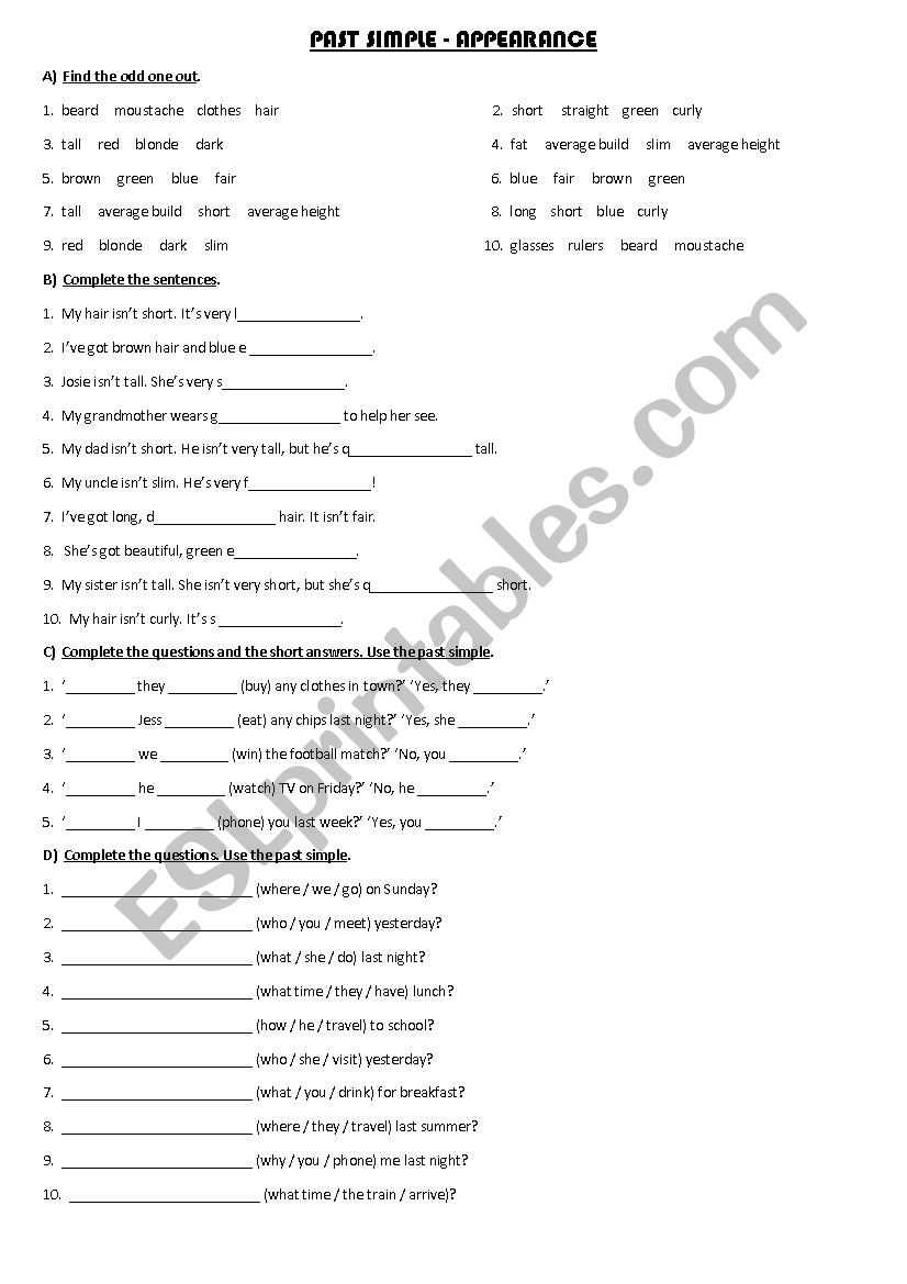 Appearance - past simple worksheet