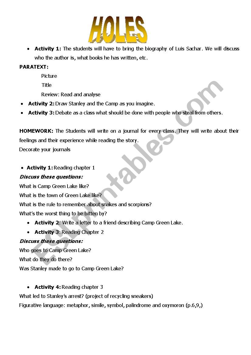 HOLES worksheet