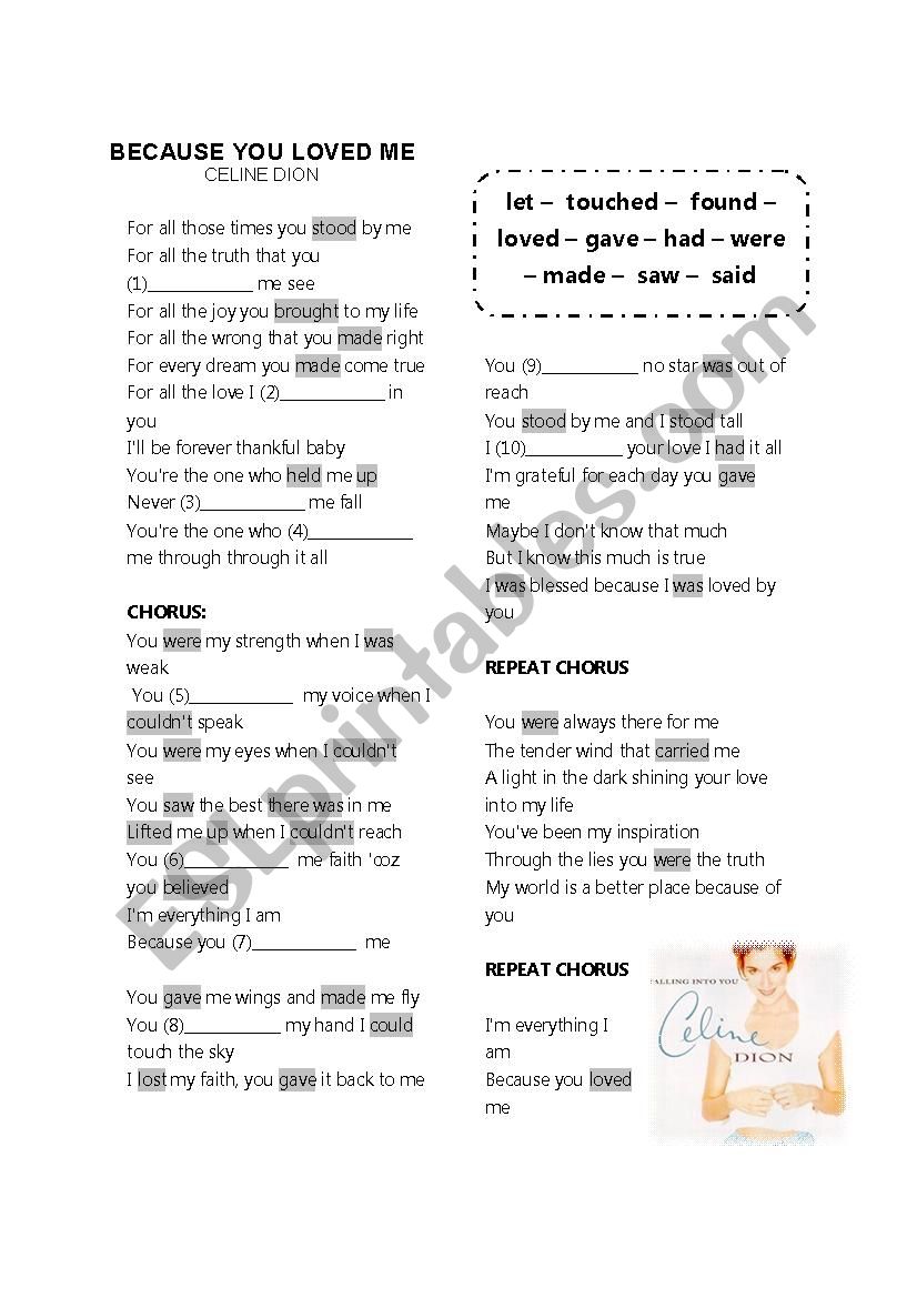 Because You Loved Me Song worksheet