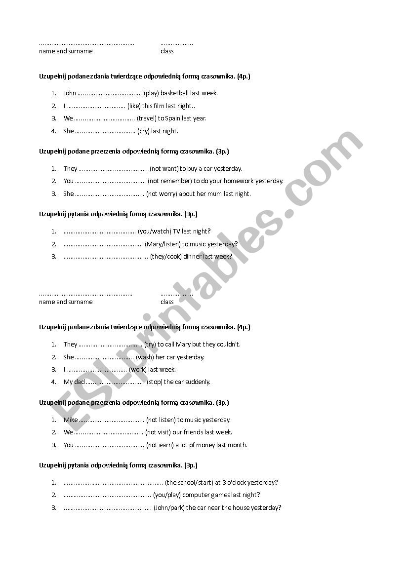 short test on regular verbs worksheet