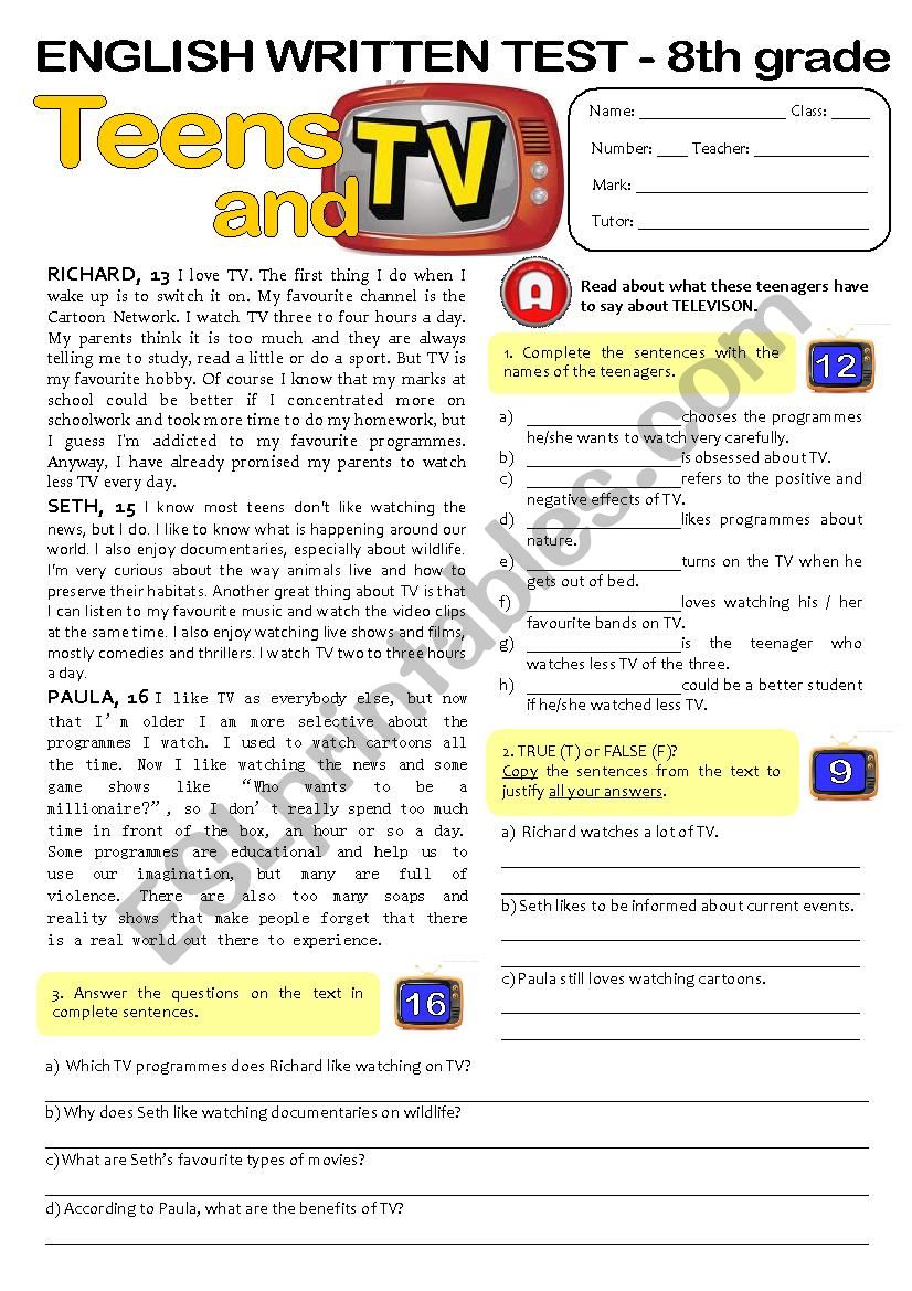 TEENS & TV (8th form TEST) key included