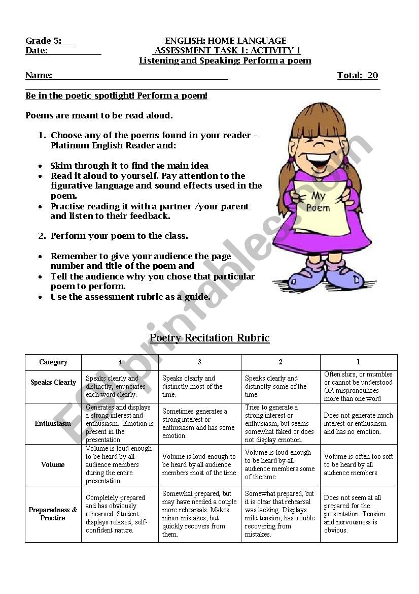 Reciting Poetry With Rubric Esl Worksheet By Teacherlesleyann