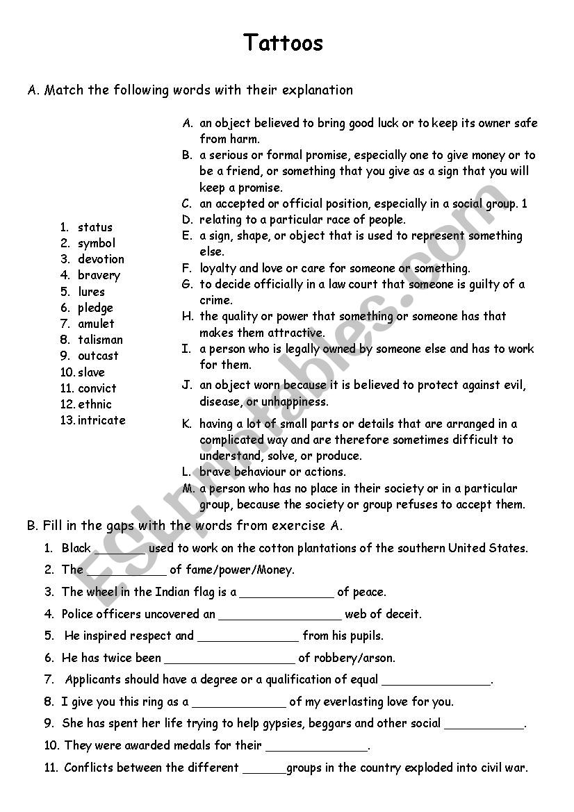 Tattoos worksheet