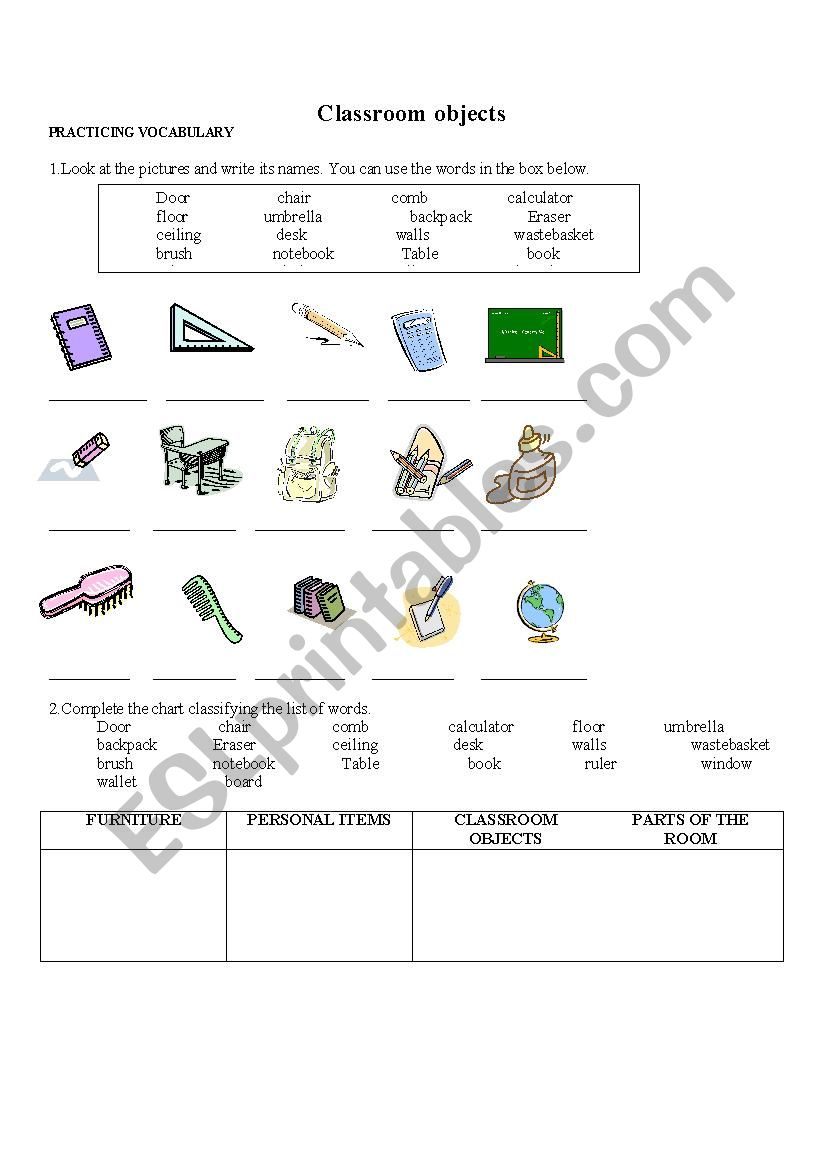 Classroom Objects worksheet