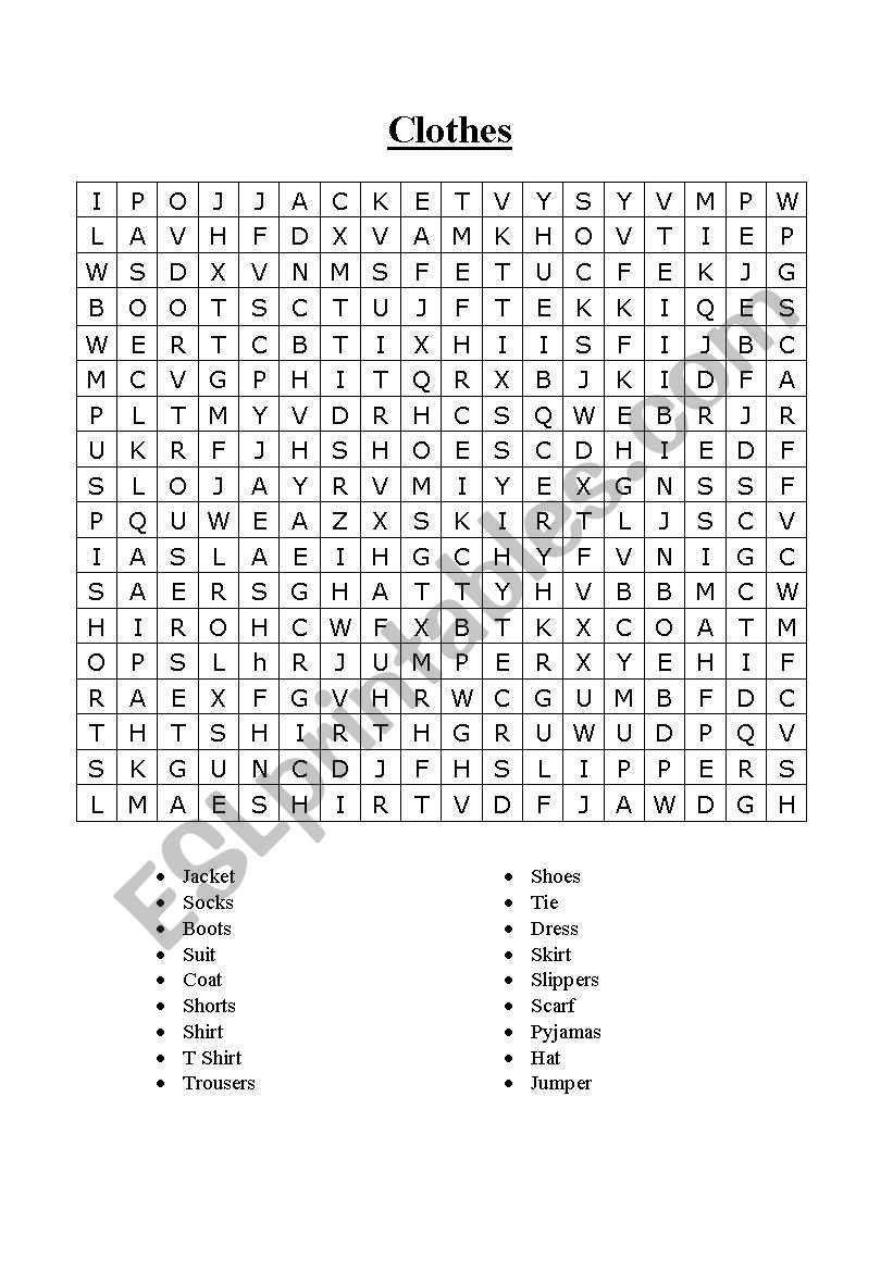 Clothes Wordsearch worksheet