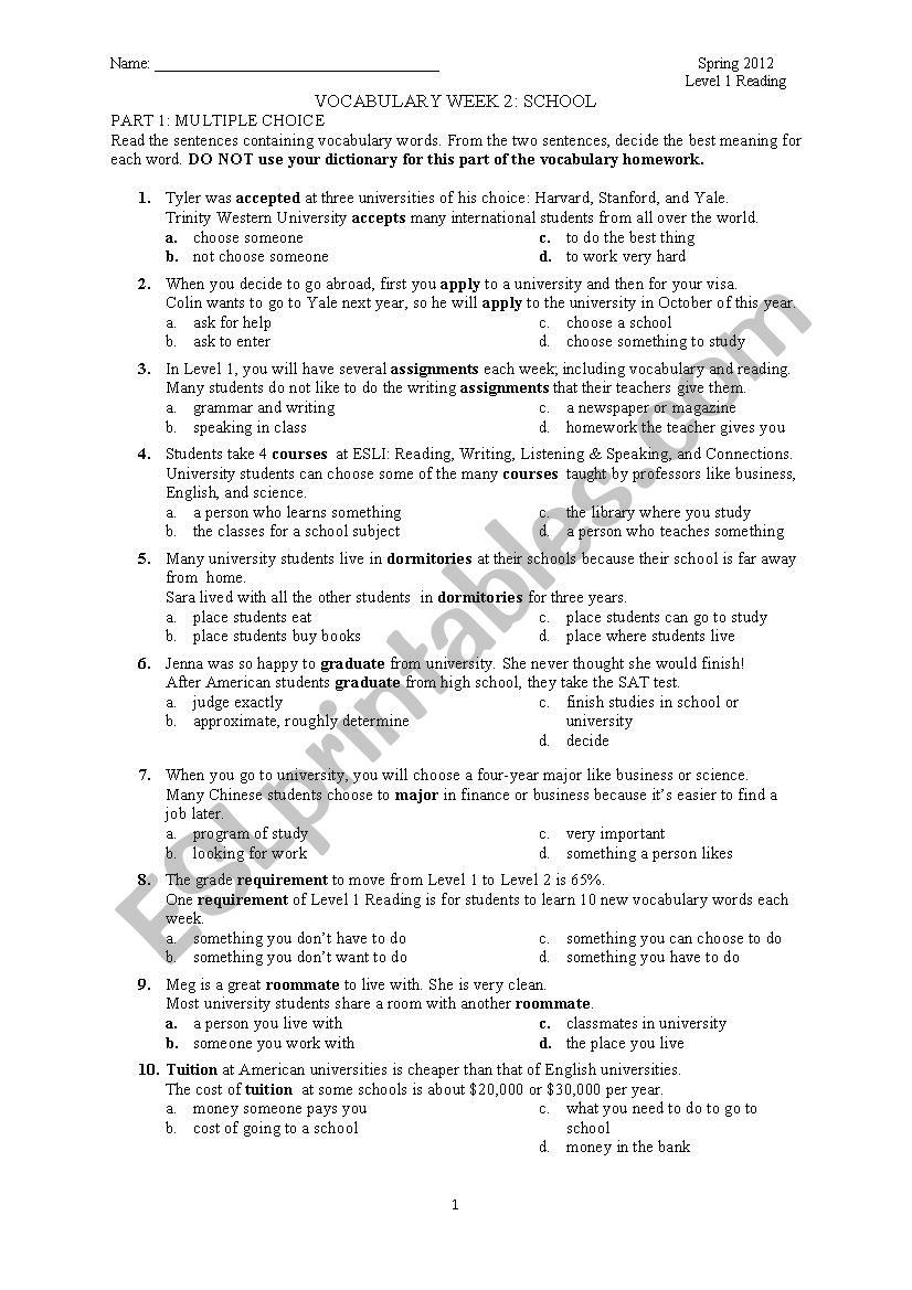 School Vocabulary Words worksheet