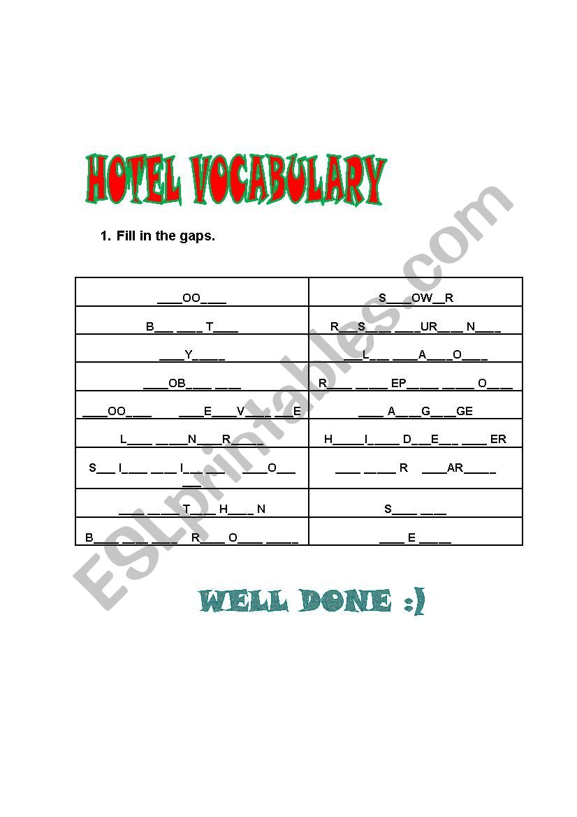 Hotel vocabulary worksheet