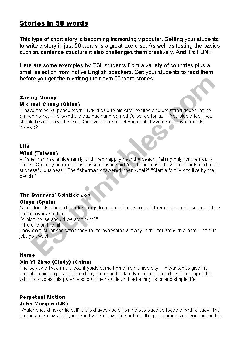 Stories in 50 words worksheet