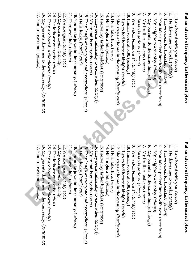 Adverbs of frequency worksheet