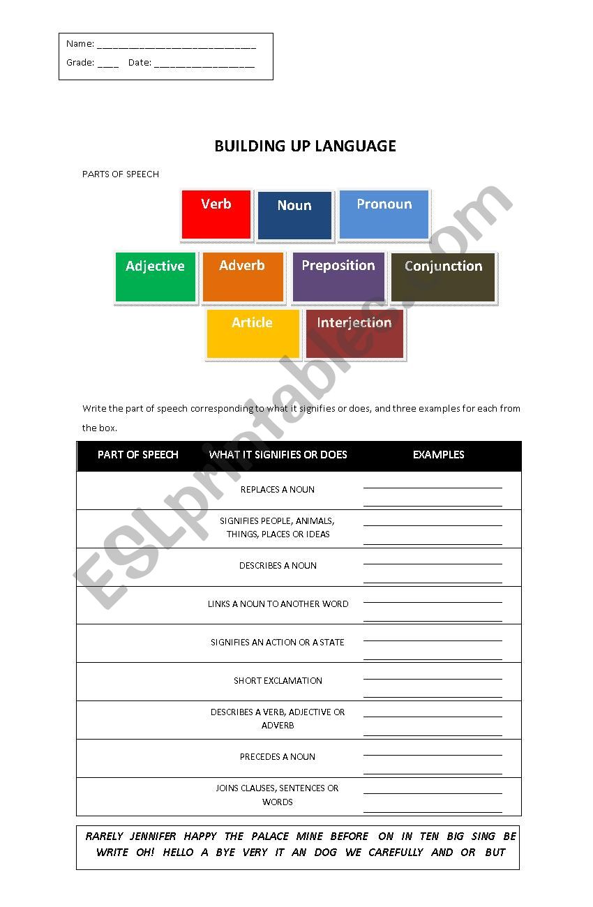 BUILDING UP LANGUAGE worksheet