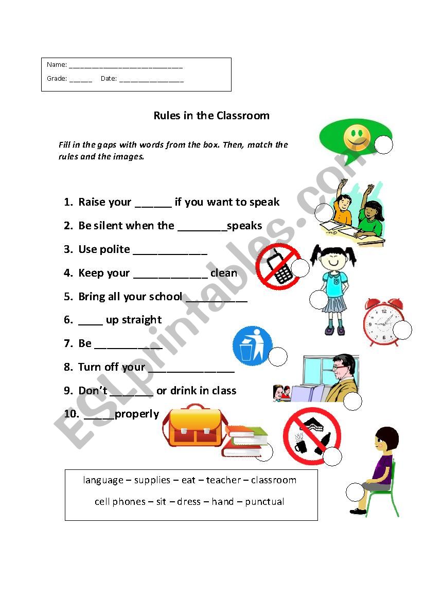 RULES IN THE CLASSROOM worksheet