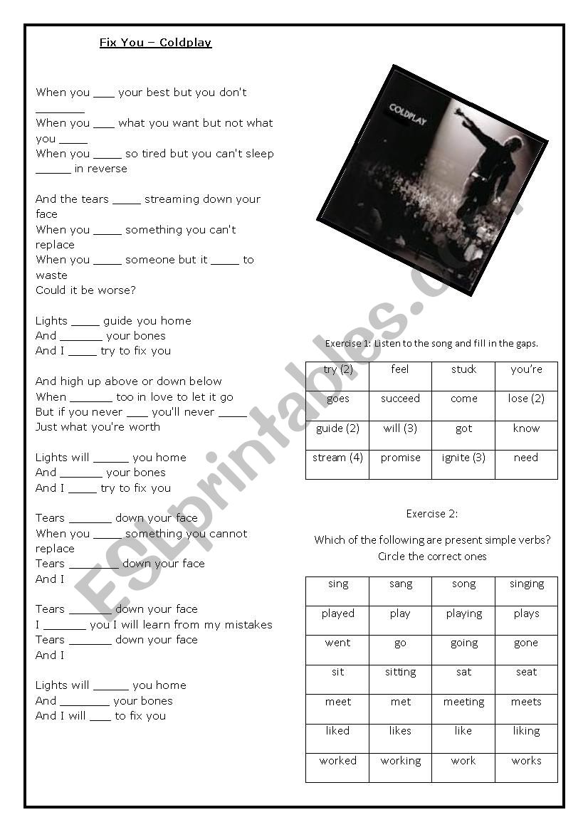 Verbs Activity with Coldplay worksheet