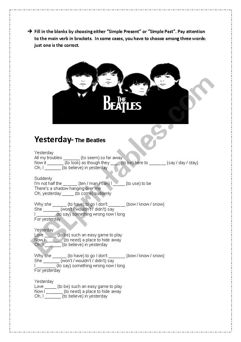 Yesterday by The Beatles worksheet