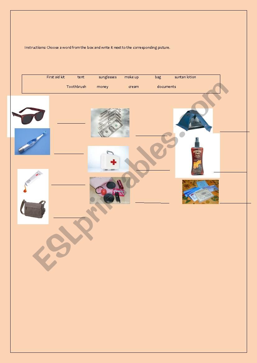 travel items worksheet